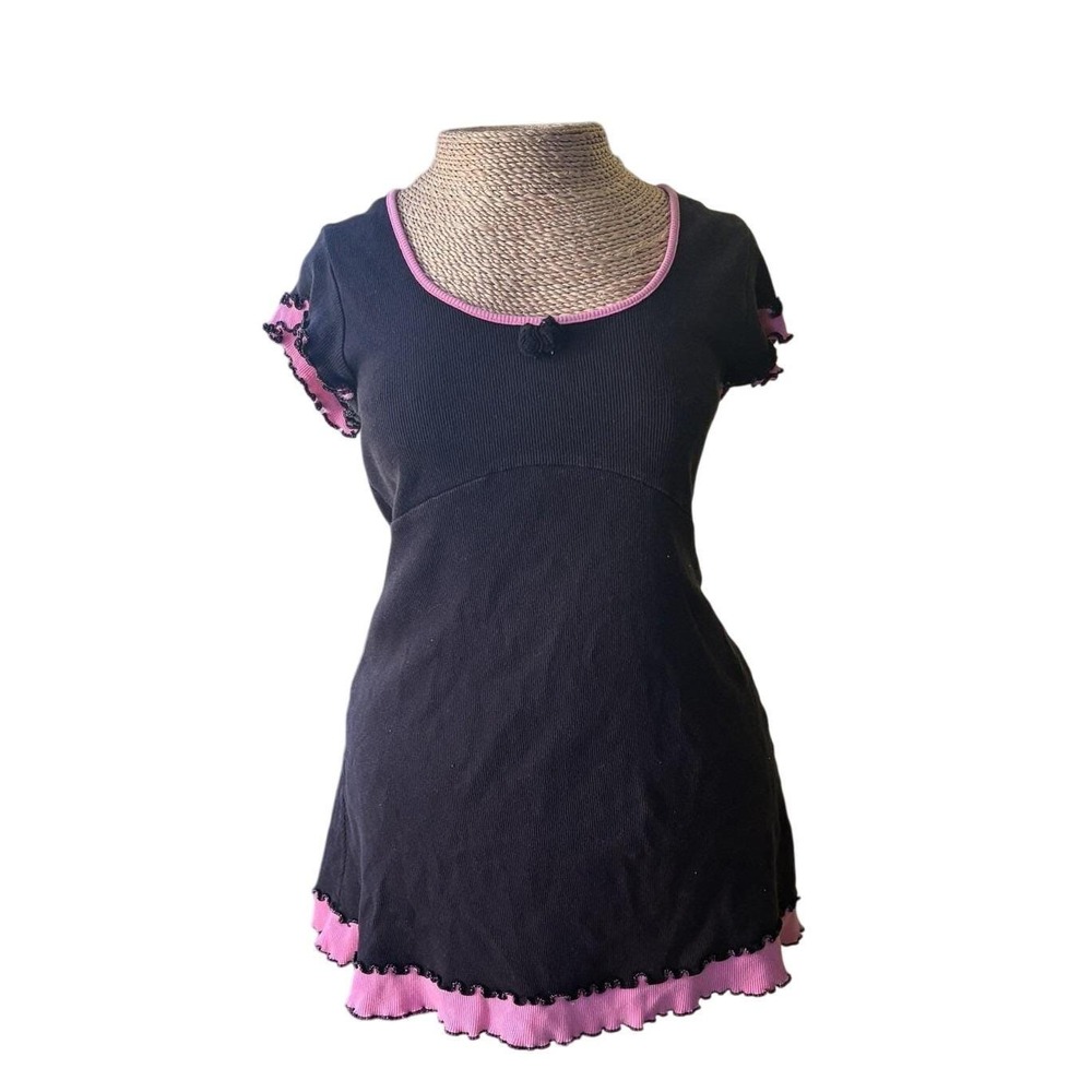 Betsey Johnson Intimates Dress Womens Medium Black Pink Ruffle Bow Floral Trim - Picture 2 of 9